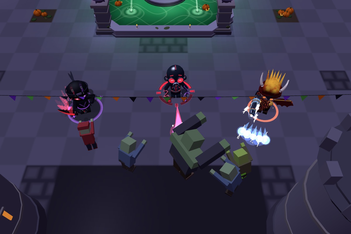Neonschatten mit Schattenkralle, Agent Rotakte mit Zwillingsdrachen und Drachenerbe mit Donnerkeil verteidigen die Spukburg gegen Zombies